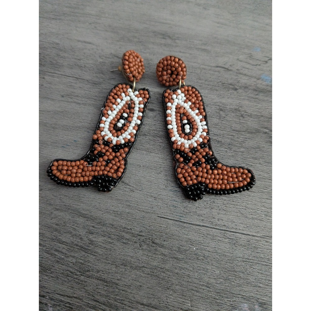 Beaded Cowboy Boot Drop Earrings Brown White Black Western Boho Statement